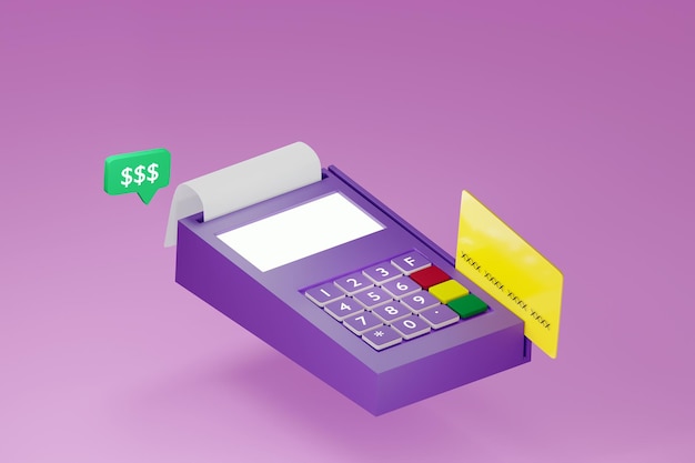 Zdjęcie terminal do płatności kartą na różowym, odizolowanym tle. ilustracja renderowania 3d