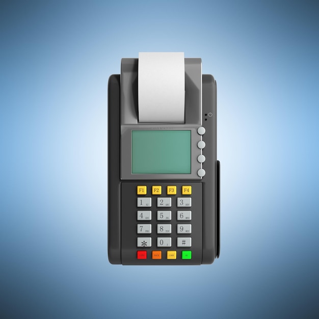 Zdjęcie terminal karty kredytowej renderowanie 3d na niebieskim kolorze