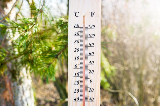 Termometr na pogodę pokazuje niskie temperatury w stopniach Fahrenheita lub Celsjusza z ładnymi zielonymi kolorami.