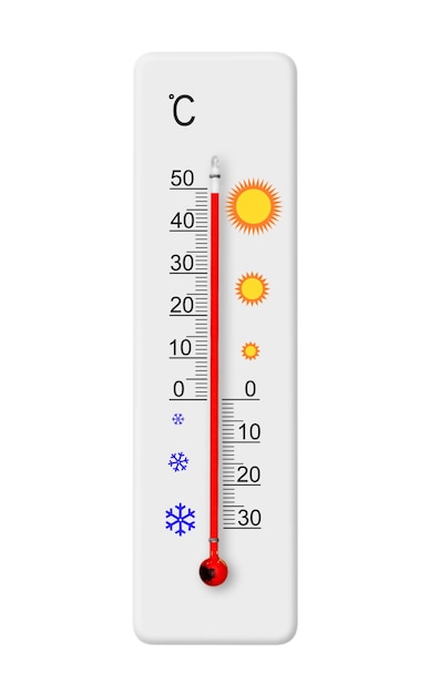 Termometr skali Celsjusza na białym tle Temperatura otoczenia plus 49 stopni