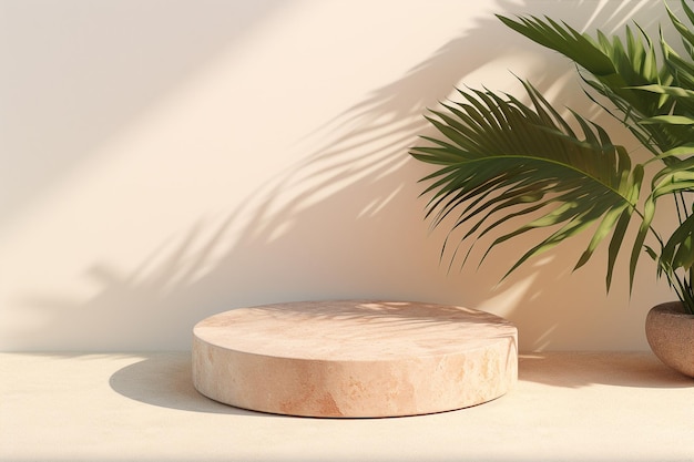Terrazzo kamienny podium z liśćmi palmowymi do wyświetlania produktów Cienie słońca w tle Generatywna sztuczna inteligencja