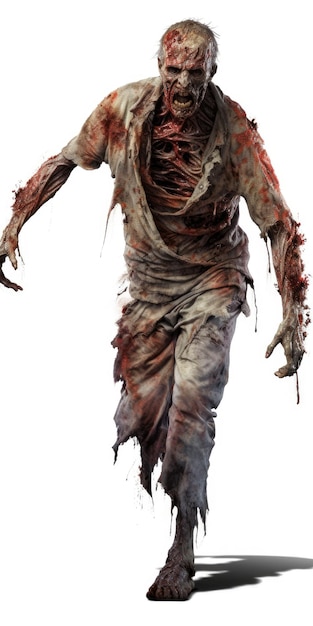 Zdjęcie terror uwolniony krwawy zombie atakujący w kierunku widzów na białym tle