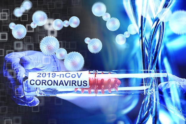 test koncepcyjny koronawirus covid-19, zagrożenie biologiczne, zagrożenie chemiczne, imitacja laboratoryjna