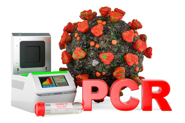 Test PCR dla koncepcji koronawirusa Termocykler PCR z renderowaniem wirusów 3D