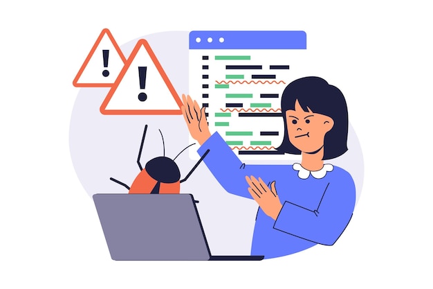 Testowanie oprogramowania koncepcji internetowej z płaskimi kreskówkami ludzi do projektowania stron internetowych Kobieta wykonująca analizę i znalezienie błędów w programie walka z błędami i debugowanie kodu praca na laptopie Ilustracja wektorowa