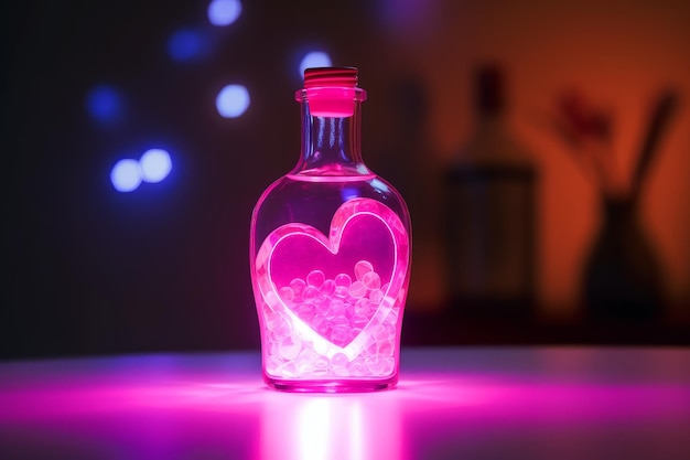 Tętniąca życiem butelka eliksiru miłości na drewnianym stole Neon Lights Walentynki generatywna sztuczna inteligencja