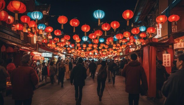 Tętniąca życiem Chinatown z kolorowymi latarniami, sprzedawcami ulicznymi i historyczną architekturą