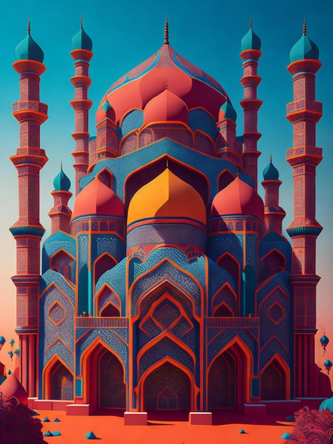 Tętniąca życiem ilustracja 3D przedstawiająca majestatyczny meczet z wielką bramą pośrodku