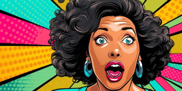 Tętniąca życiem ilustracja komiksowa przedstawiająca czarną kobietę krzyczącą na kolorowym tle pop-artu Generacyjna sztuczna inteligencja