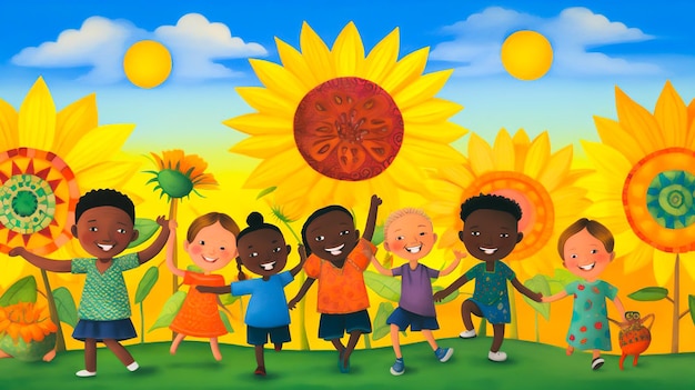 Tętniąca życiem ilustracja przedstawia uśmiechnięte dzieci z różnych środowisk trzymające się za ręce