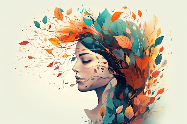 Tętniąca życiem kobieca głowa z wielobarwnymi liśćmi drzew surrealistyczna sztuka cyfrowa żywe organiczne obrazy Generacyjna sztuczna inteligencja