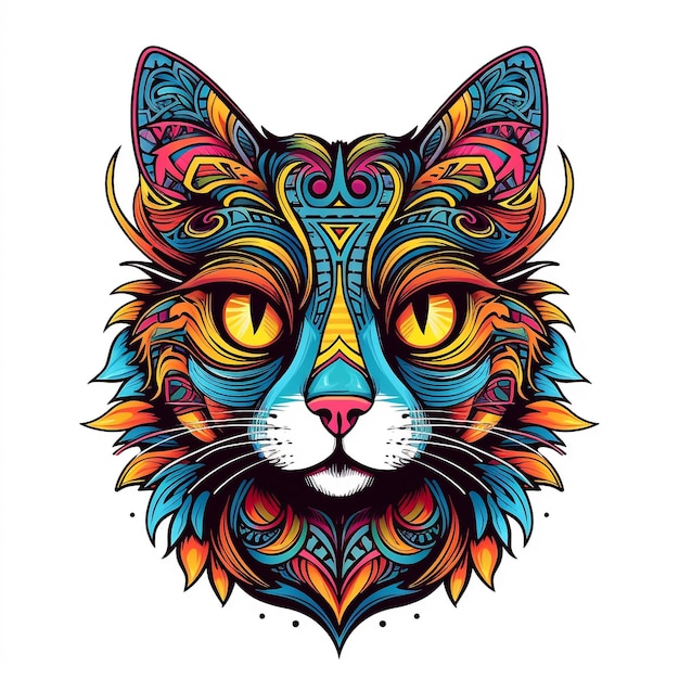 Tętniąca życiem koszulka z twarzą kolorowego, słodkiego kota Kot w żywych kolorach podstawowych z psychodelicznym