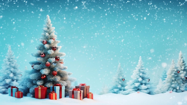 Tętniąca życiem scena świąteczna z mnóstwem prezentów pod generatywną sztuczną inteligencją Snowy Tree