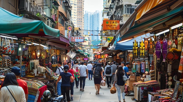 Tętniąca życiem ulica targowa w Hong Kongu Tłumy ludzi chodzą i robią zakupy