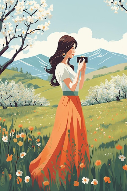 Tętniąca życiem wiosenna scena dziewczyna w długiej sukience trzymająca aparat