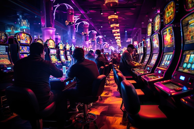 tętniące życiem kasyno z obfitymi przepływami gotówki gracze na automatach i stołach otoczeni błyszczącymi światłami pokazującymi energiczną energię hazardu
