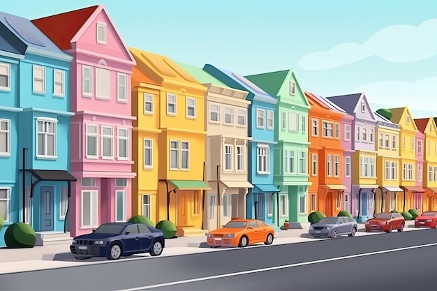 Zdjęcie tętniące życiem miasto miasto ulica różne kolorowe budynki samochody zabawki rzeźby miniatury ilustracji