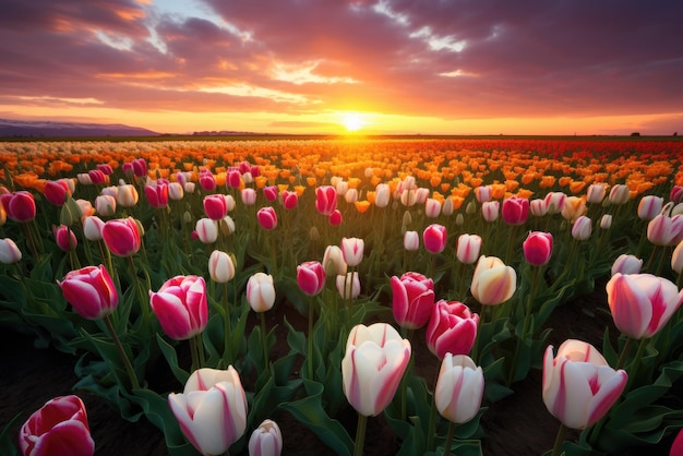 tętniące życiem pole tulipanów o zachodzie słońca