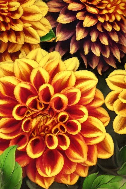 Tętniące życiem tło żółtych i pomarańczowych kwiatów i liści dalii Dekoracja kwiatowa Generacyjna sztuczna inteligencja