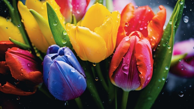 Zdjęcie tętniący życiem bukiet tulipanów na mokrej łące prezentujący naturę