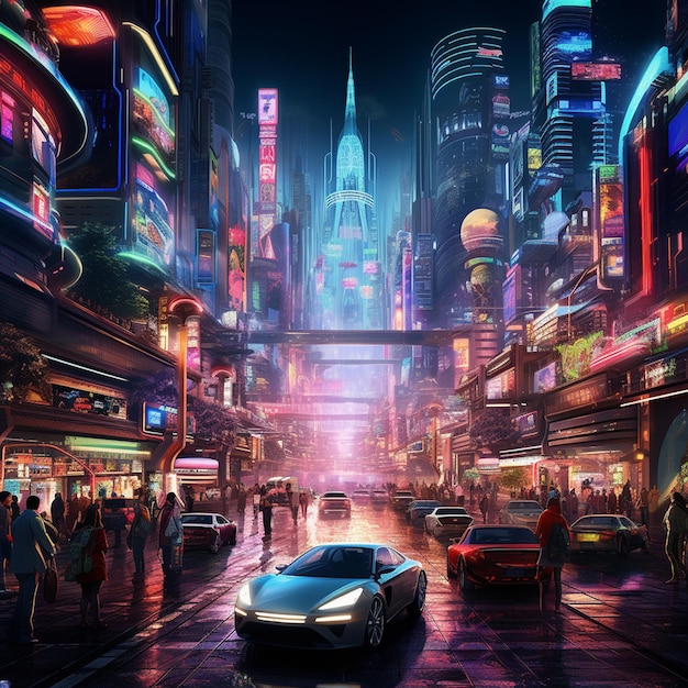 Tętniący życiem cyberpunkowy pejzaż miejski z neonami latającymi szybkim samochodem