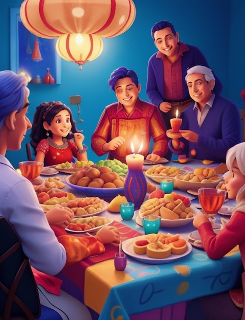 Tętniący życiem kolorowy obraz przedstawiający tradycyjne obchody Rosz ha-Szana z rodziną