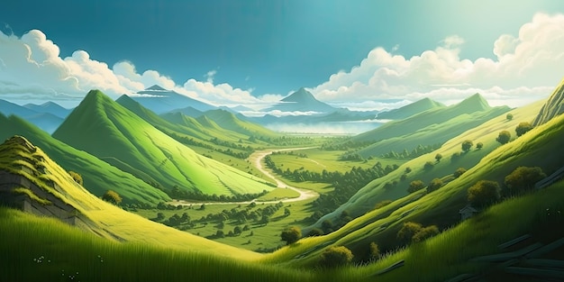 Tętniący życiem letni krajobraz wzgórz w stylu kreskówki anime