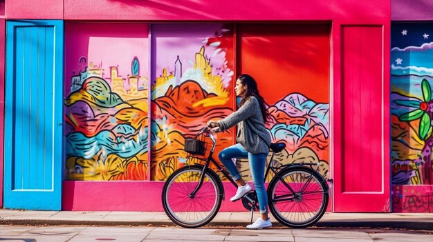 Tętniący życiem miejski styl życia z młodą kobietą jadącą na rowerze tętniącą życiem ulicą miasta