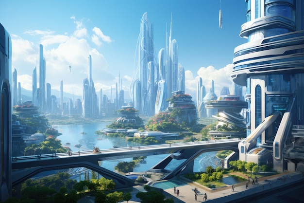 Tętniący życiem pejzaż miejski osadzony w przyszłości, z nowoczesnym mostem przerzuconym nad malowniczą rzeką. Krajobraz miejski z futurystycznymi inteligentnymi budynkami. Wygenerowane przez sztuczną inteligencję.