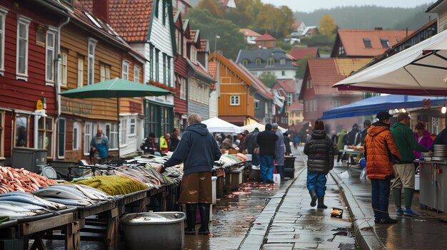 Zdjęcie tętniący życiem rynek rybny w małym miasteczku rynek jest pełen ludzi kupujących i sprzedających świeżą rybę