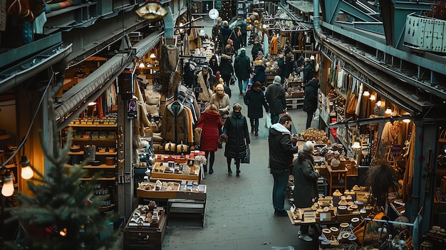Zdjęcie tętniący życiem rynek z kupcami i sprzedawcami ciepły blask świateł i wesołe gadanie ludzi tworzą tętniącą życiem atmosferę