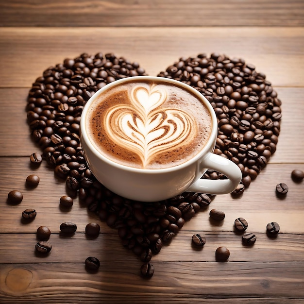 Tętniący życiem, skomplikowany wzór ziaren kawy w kształcie serca Ai Generated