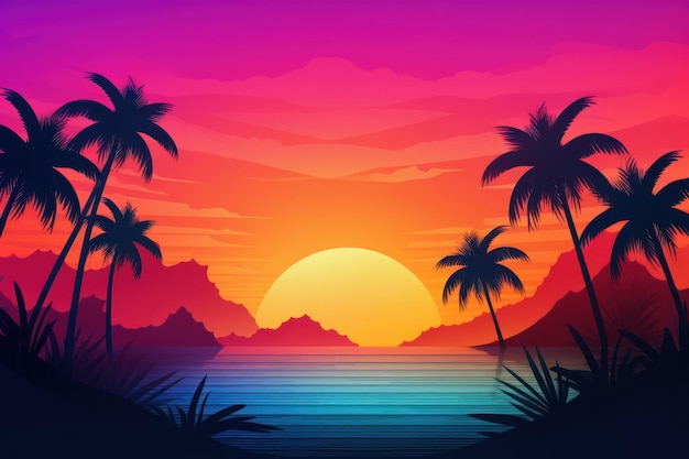 Tętniący życiem styl retro vintage plaży o zachodzie słońca ze słońcem i palmami w tle