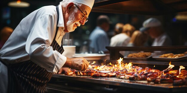 Tętniący życiem szef kuchni fachowo przygotowujący pyszne jedzenie w kuchni restauracji z generatywną sztuczną inteligencją ognistych płomieni