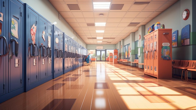 tętniący życiem szkolny korytarz pełen szafek