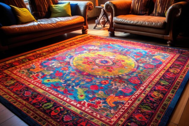 Zdjęcie tętniący życiem tradycyjny dywan perski ze skomplikowanymi wzorami stworzonymi za pomocą generatywnej sztucznej inteligencji