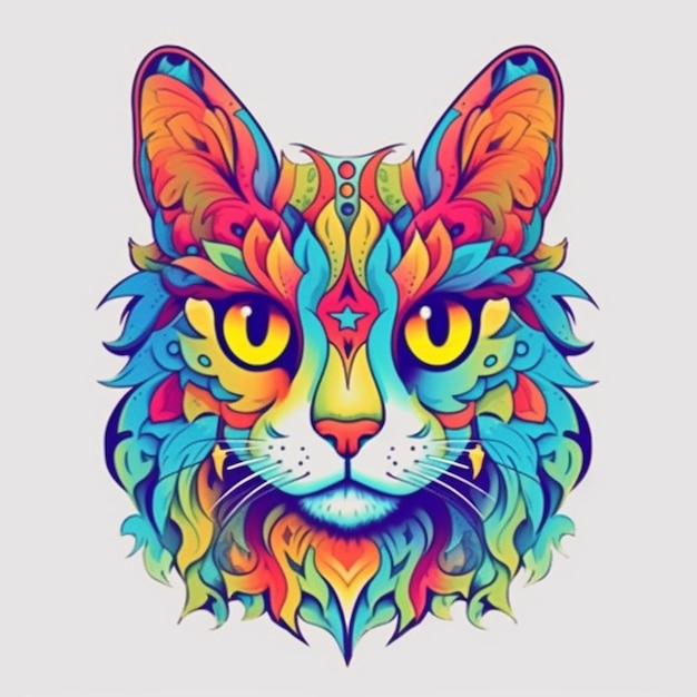 Tętniący życiem tshirt projekt kolorowej słodkiej kotki Kot w żywych kolorach podstawowych z psychodelicznym