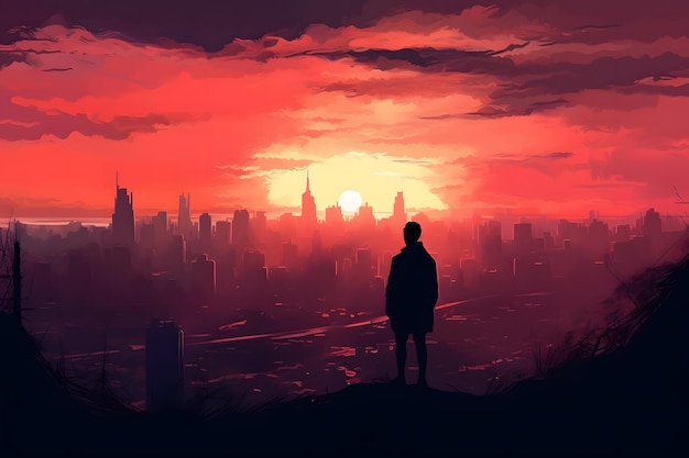Tętniący życiem zachód słońca nad panoramą miasta z sylwetką mężczyzny patrzącego na horyzont Generative Ai