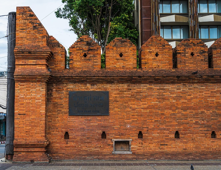 Zdjęcie tha phae gate chiang mai stare miasto starożytny mur i fosa podczas kryzysu wybuchu pandemii covid19 w chiang mai w północnej tajlandii