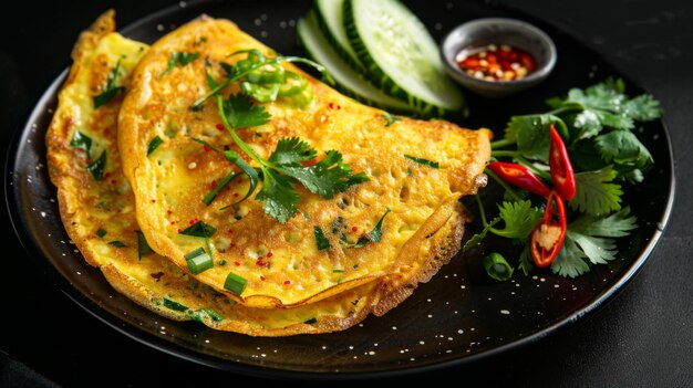 Zdjęcie thai crispy pancake kanom buangwietnamski wypełniony chrupiący omlet z naciętymi ogórkami chili słodko-kwaśnym octem na czarnym izolowanym