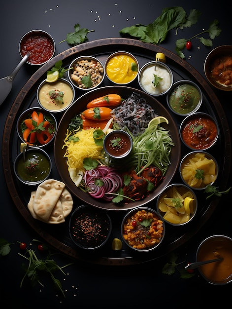 Thali z różnymi potrawami Indyjska mandala Dekoracja graficzna Witryna internetowa z układem kultury kulinarnej Indii