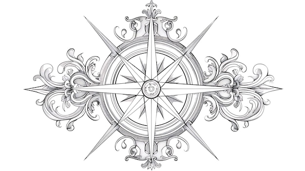 Zdjęcie the image is a black and white drawing of a compass the compass is surrounded by ornate flourishes