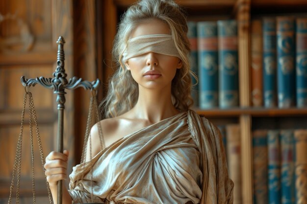 Zdjęcie themis kobieta z łuskami z zawiązanymi oczami uczciwość sąd sprawiedliwy wyrok sprawiedliwość wyrok.