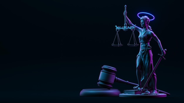 Zdjęcie themis statue justice law lawyer business concept w neonowym świetle