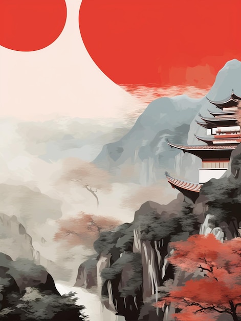 Zdjęcie there is a painting of a pagoda on a mountain with a river generative ai