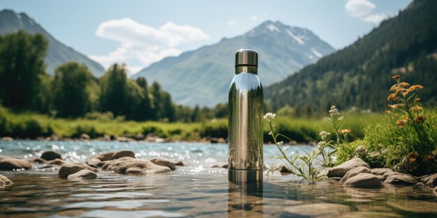 Zdjęcie thermos do herbaty lub kawy makietka butelki wielokrotnego użytku do podróży i wędrówek generatywna sztuczna inteligencja