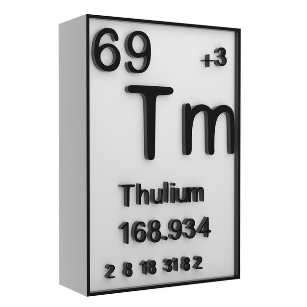 Thulium Phosphorus na tabeli okresowej pierwiastków na białym czarnym tle historia chemii