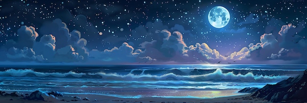Thunderhead z niebieskim niebem Księżyc nocny krajobraz chmura drzewo styl anime zdjęcie tło tapeta