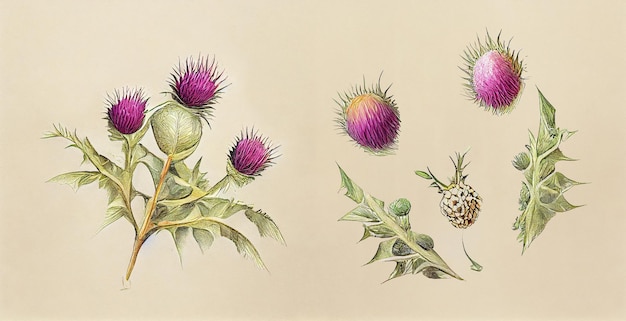 Tik mleczny (Silybum marianum). Ilustracja botaniczna na białym papierze. Najlepsze rośliny lecznicze.