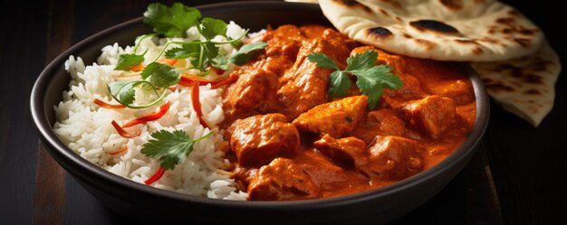 tikka masala pikantne curry mięso jedzenie masło kurczak z chlebem na ciemnym tle Generative ai